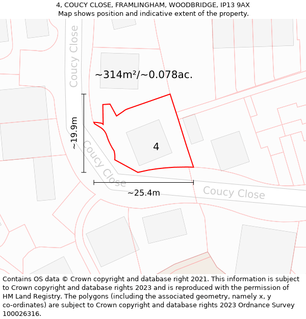 4, COUCY CLOSE, FRAMLINGHAM, WOODBRIDGE, IP13 9AX: Plot and title map