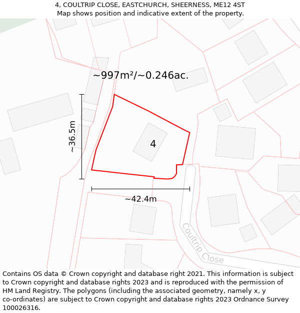 4, COULTRIP CLOSE, EASTCHURCH, SHEERNESS, ME12 4ST: Plot and title map