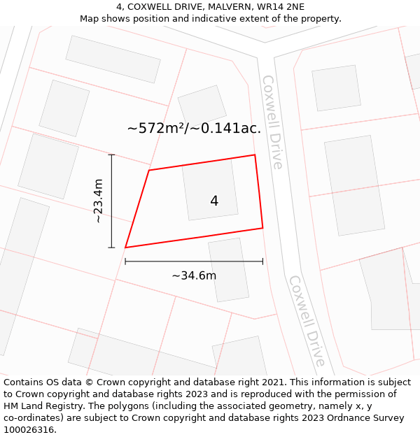 4, COXWELL DRIVE, MALVERN, WR14 2NE: Plot and title map