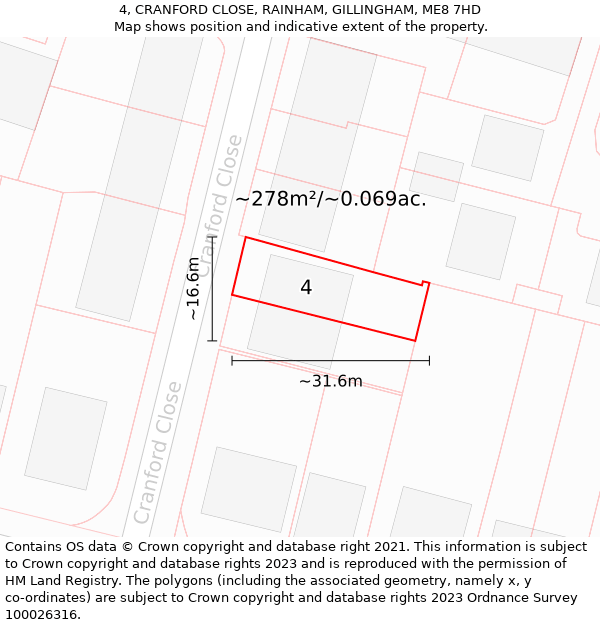 4, CRANFORD CLOSE, RAINHAM, GILLINGHAM, ME8 7HD: Plot and title map