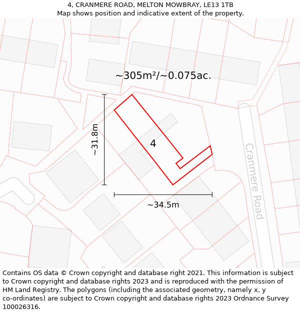 4, CRANMERE ROAD, MELTON MOWBRAY, LE13 1TB: Plot and title map