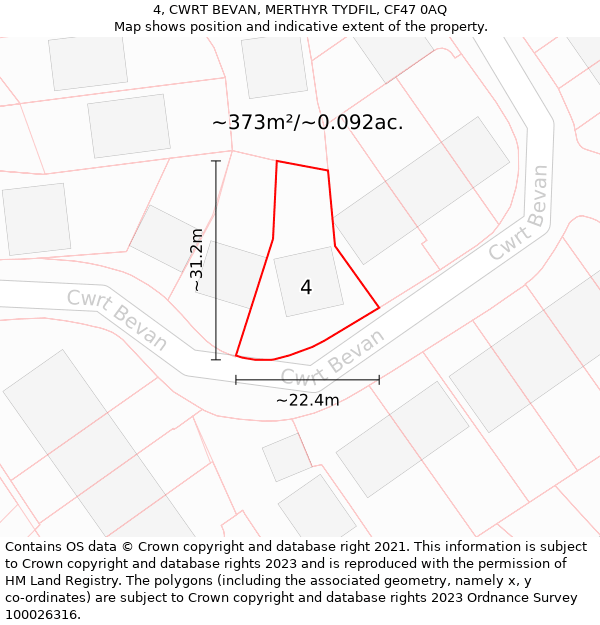 4, CWRT BEVAN, MERTHYR TYDFIL, CF47 0AQ: Plot and title map