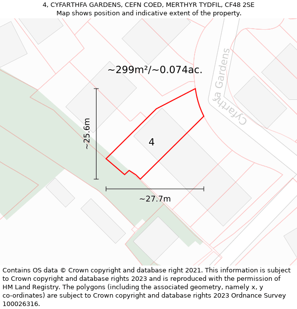 4, CYFARTHFA GARDENS, CEFN COED, MERTHYR TYDFIL, CF48 2SE: Plot and title map