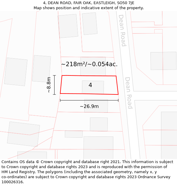 4, DEAN ROAD, FAIR OAK, EASTLEIGH, SO50 7JE: Plot and title map