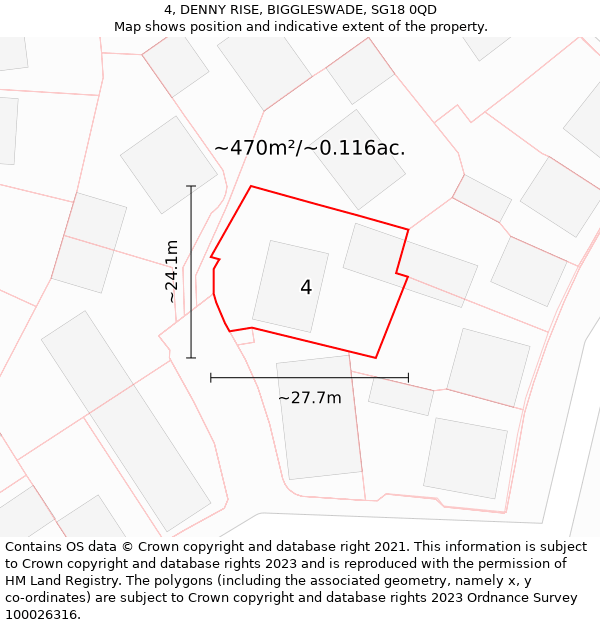 4, DENNY RISE, BIGGLESWADE, SG18 0QD: Plot and title map