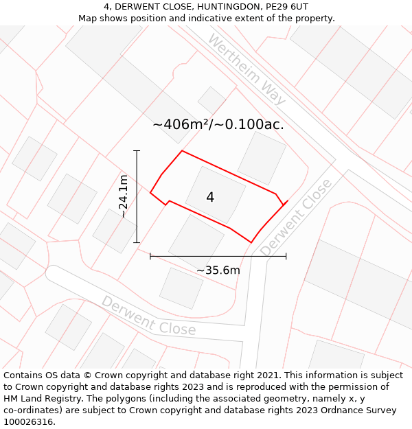 4, DERWENT CLOSE, HUNTINGDON, PE29 6UT: Plot and title map