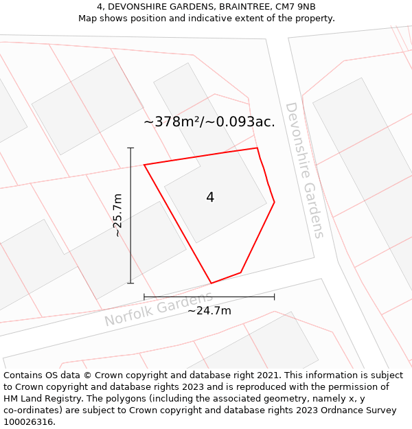 4, DEVONSHIRE GARDENS, BRAINTREE, CM7 9NB: Plot and title map