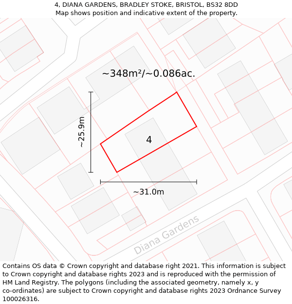 4, DIANA GARDENS, BRADLEY STOKE, BRISTOL, BS32 8DD: Plot and title map