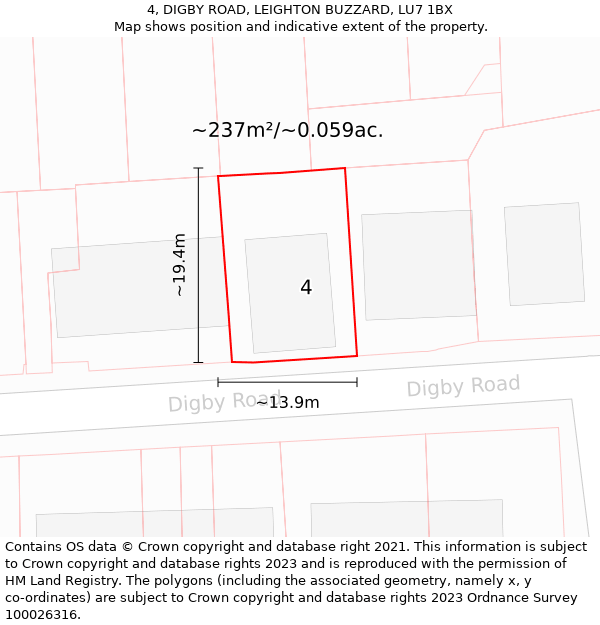 4, DIGBY ROAD, LEIGHTON BUZZARD, LU7 1BX: Plot and title map