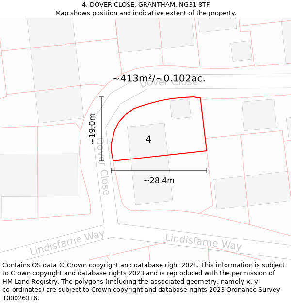 4, DOVER CLOSE, GRANTHAM, NG31 8TF: Plot and title map