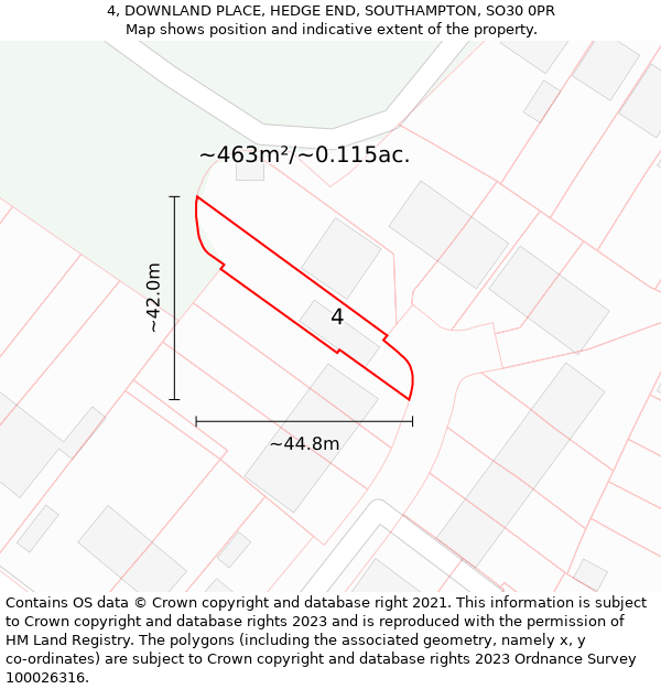 4, DOWNLAND PLACE, HEDGE END, SOUTHAMPTON, SO30 0PR: Plot and title map