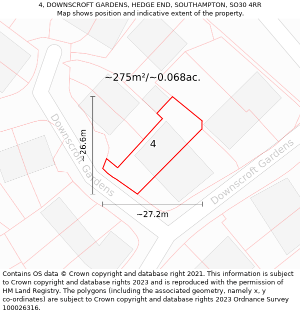 4, DOWNSCROFT GARDENS, HEDGE END, SOUTHAMPTON, SO30 4RR: Plot and title map