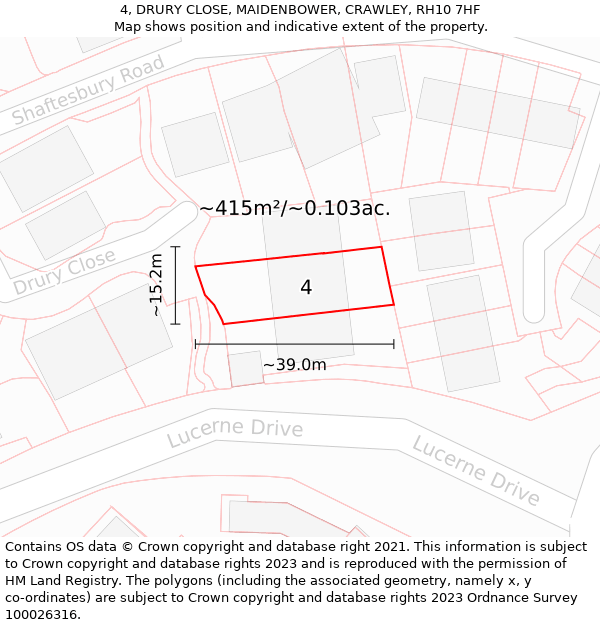 4, DRURY CLOSE, MAIDENBOWER, CRAWLEY, RH10 7HF: Plot and title map