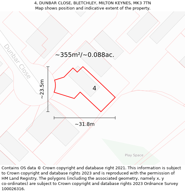 4, DUNBAR CLOSE, BLETCHLEY, MILTON KEYNES, MK3 7TN: Plot and title map