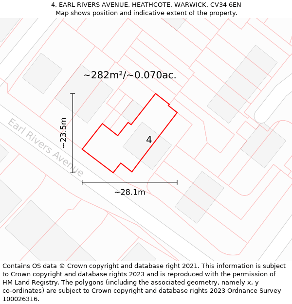 4, EARL RIVERS AVENUE, HEATHCOTE, WARWICK, CV34 6EN: Plot and title map