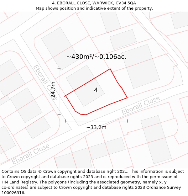 4, EBORALL CLOSE, WARWICK, CV34 5QA: Plot and title map