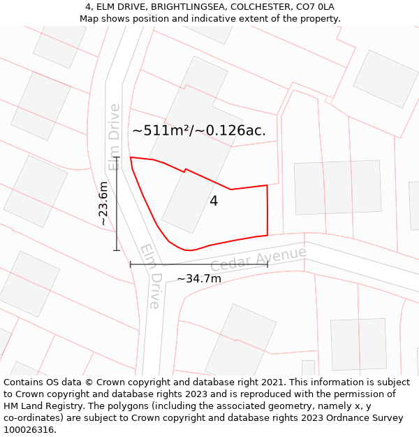 4, ELM DRIVE, BRIGHTLINGSEA, COLCHESTER, CO7 0LA: Plot and title map