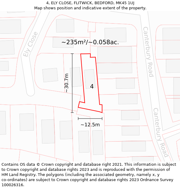 4, ELY CLOSE, FLITWICK, BEDFORD, MK45 1UJ: Plot and title map