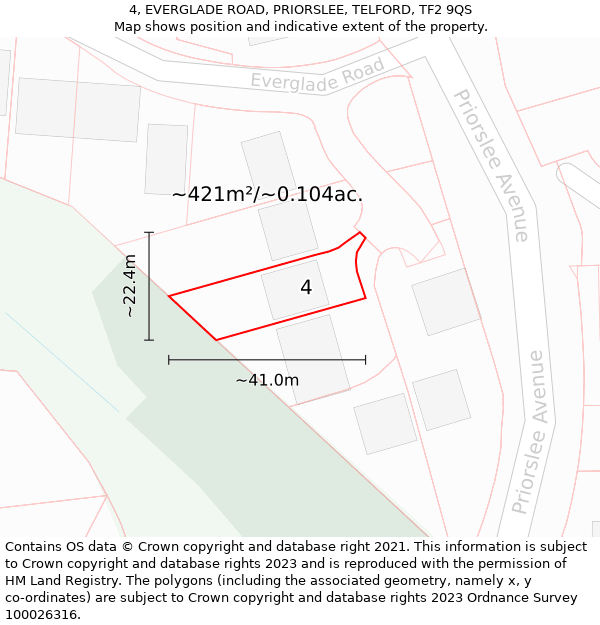 4, EVERGLADE ROAD, PRIORSLEE, TELFORD, TF2 9QS: Plot and title map