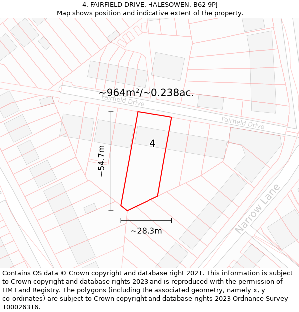 4, FAIRFIELD DRIVE, HALESOWEN, B62 9PJ: Plot and title map