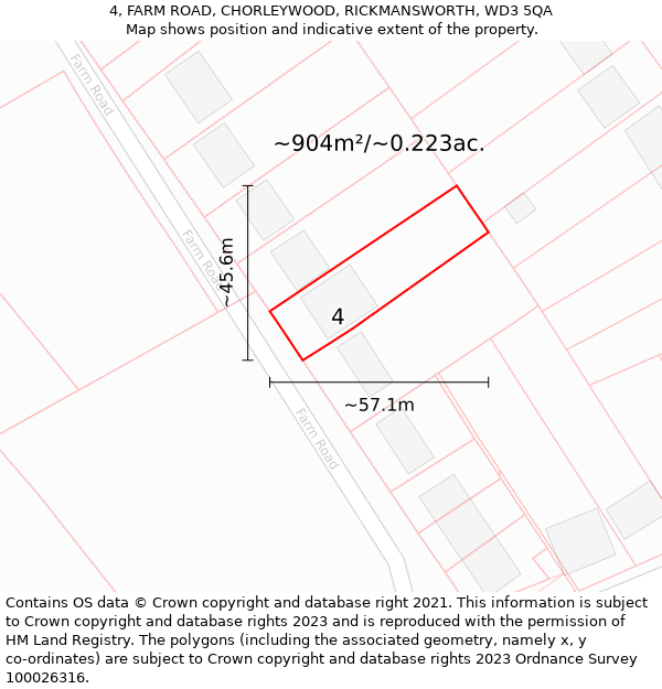 4, FARM ROAD, CHORLEYWOOD, RICKMANSWORTH, WD3 5QA: Plot and title map