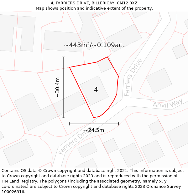 4, FARRIERS DRIVE, BILLERICAY, CM12 0XZ: Plot and title map