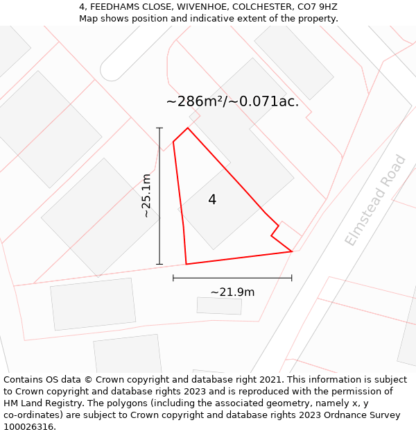 4, FEEDHAMS CLOSE, WIVENHOE, COLCHESTER, CO7 9HZ: Plot and title map