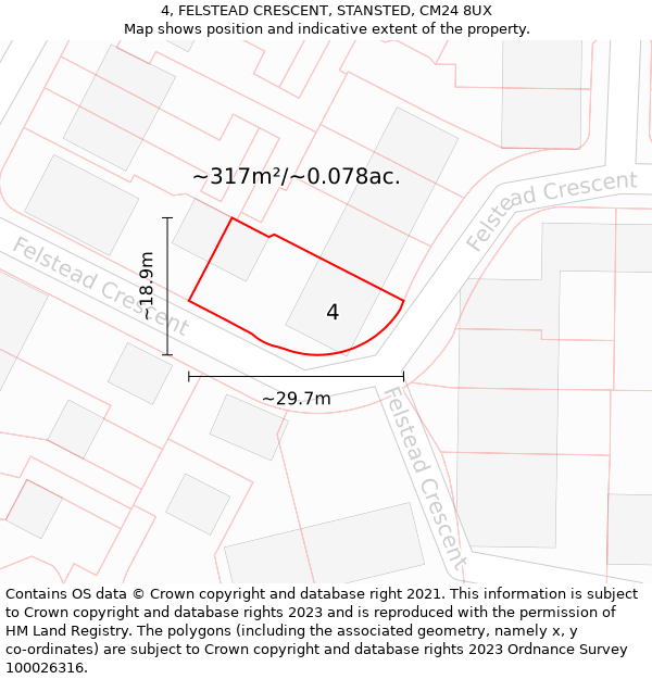 4, FELSTEAD CRESCENT, STANSTED, CM24 8UX: Plot and title map