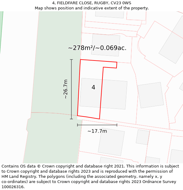 4, FIELDFARE CLOSE, RUGBY, CV23 0WS: Plot and title map