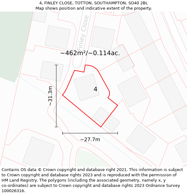 4, FINLEY CLOSE, TOTTON, SOUTHAMPTON, SO40 2BL: Plot and title map