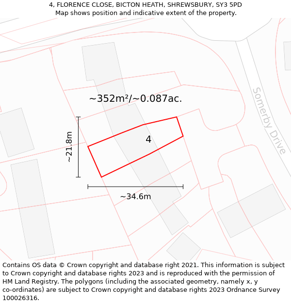 4, FLORENCE CLOSE, BICTON HEATH, SHREWSBURY, SY3 5PD: Plot and title map