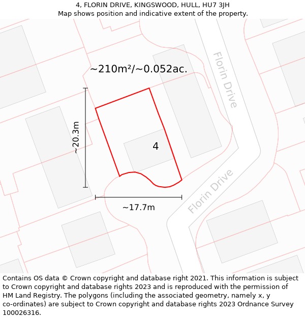 4, FLORIN DRIVE, KINGSWOOD, HULL, HU7 3JH: Plot and title map