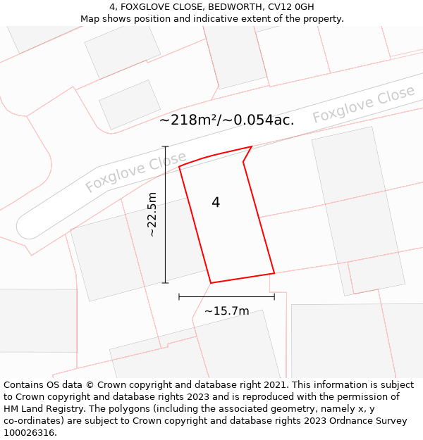 4, FOXGLOVE CLOSE, BEDWORTH, CV12 0GH: Plot and title map