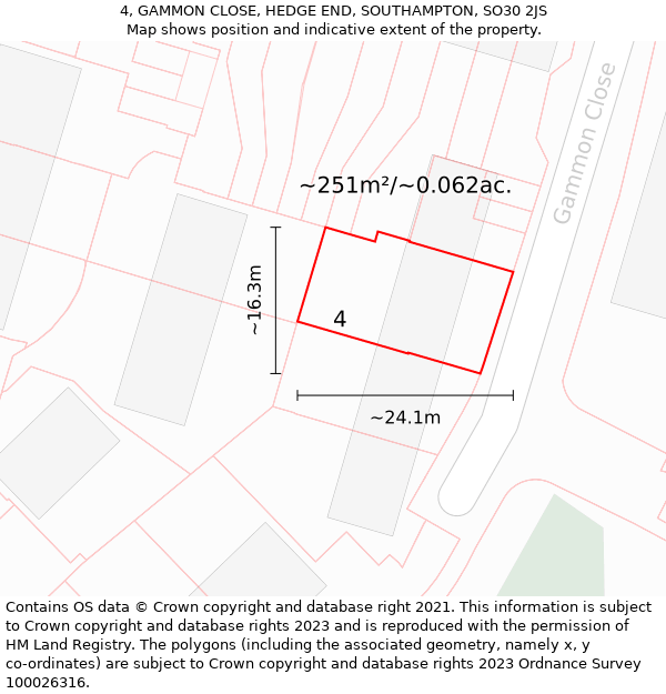 4, GAMMON CLOSE, HEDGE END, SOUTHAMPTON, SO30 2JS: Plot and title map