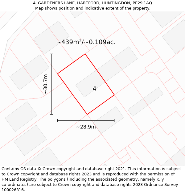 4, GARDENERS LANE, HARTFORD, HUNTINGDON, PE29 1AQ: Plot and title map