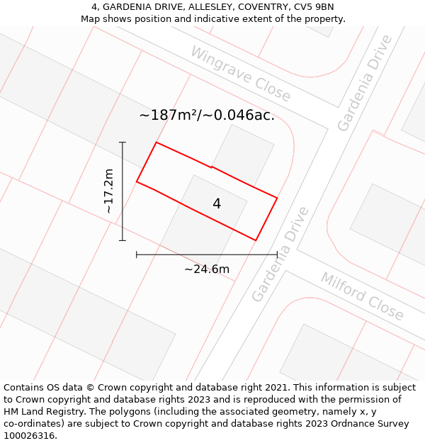 4, GARDENIA DRIVE, ALLESLEY, COVENTRY, CV5 9BN: Plot and title map