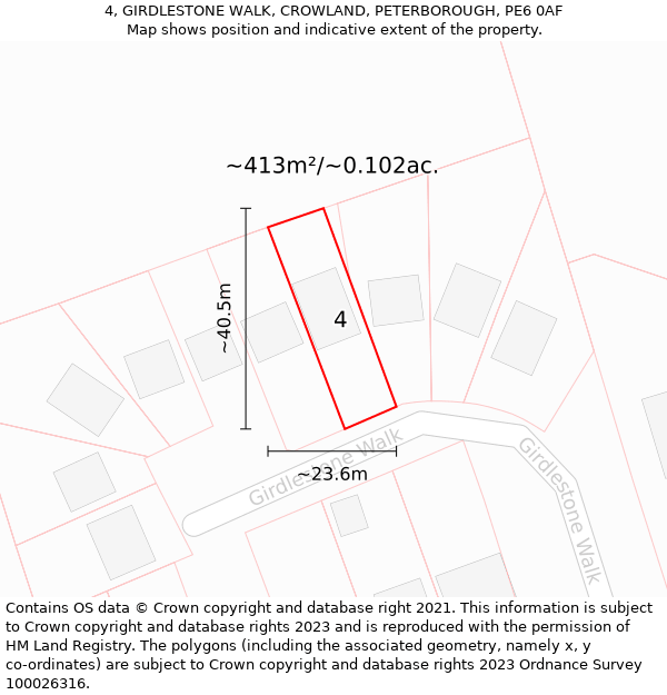 4, GIRDLESTONE WALK, CROWLAND, PETERBOROUGH, PE6 0AF: Plot and title map