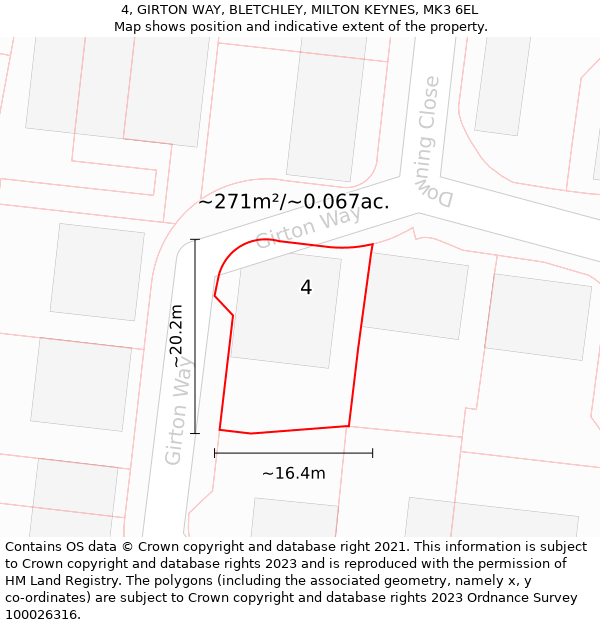 4, GIRTON WAY, BLETCHLEY, MILTON KEYNES, MK3 6EL: Plot and title map