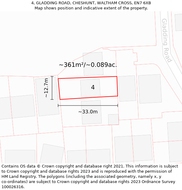 4, GLADDING ROAD, CHESHUNT, WALTHAM CROSS, EN7 6XB: Plot and title map