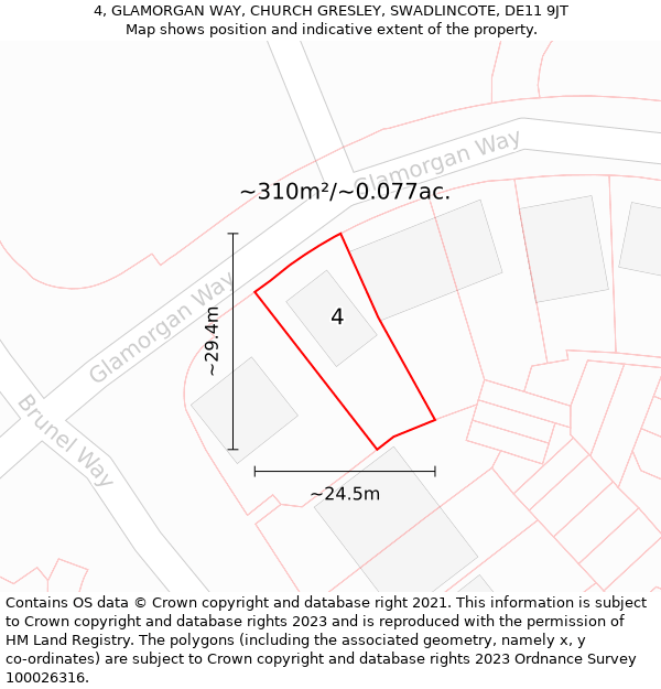 4, GLAMORGAN WAY, CHURCH GRESLEY, SWADLINCOTE, DE11 9JT: Plot and title map