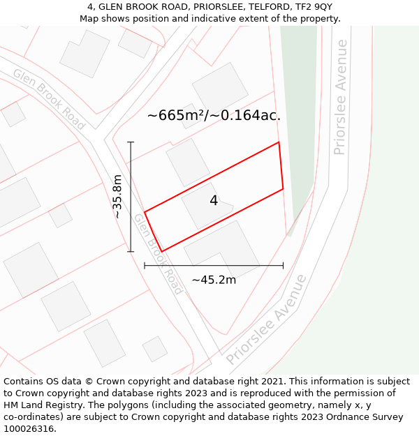 4, GLEN BROOK ROAD, PRIORSLEE, TELFORD, TF2 9QY: Plot and title map