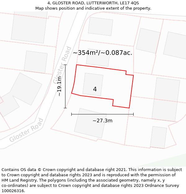 4, GLOSTER ROAD, LUTTERWORTH, LE17 4QS: Plot and title map