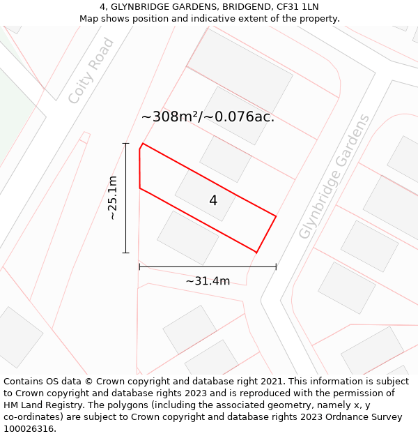 4, GLYNBRIDGE GARDENS, BRIDGEND, CF31 1LN: Plot and title map