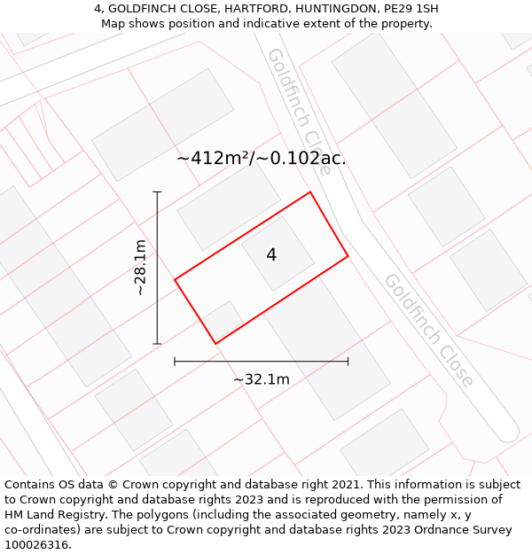 4, GOLDFINCH CLOSE, HARTFORD, HUNTINGDON, PE29 1SH: Plot and title map