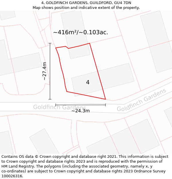 4, GOLDFINCH GARDENS, GUILDFORD, GU4 7DN: Plot and title map