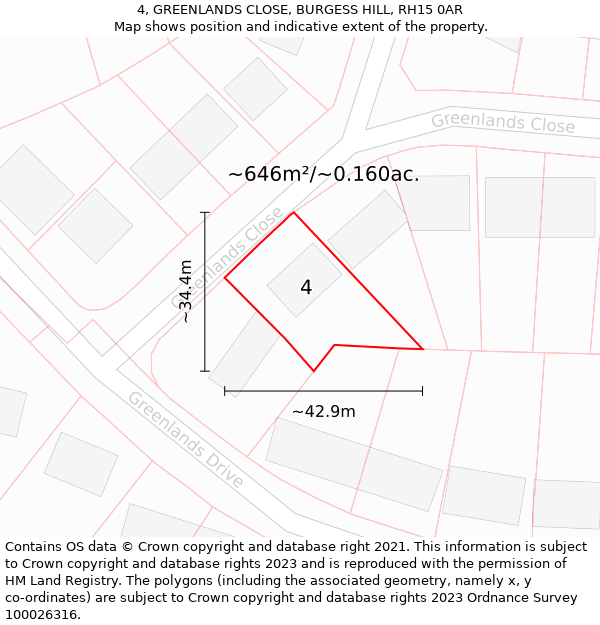 4, GREENLANDS CLOSE, BURGESS HILL, RH15 0AR: Plot and title map