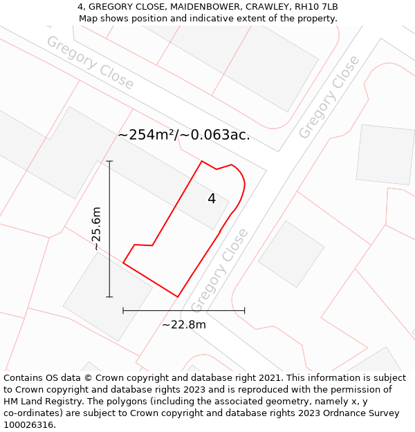 4, GREGORY CLOSE, MAIDENBOWER, CRAWLEY, RH10 7LB: Plot and title map