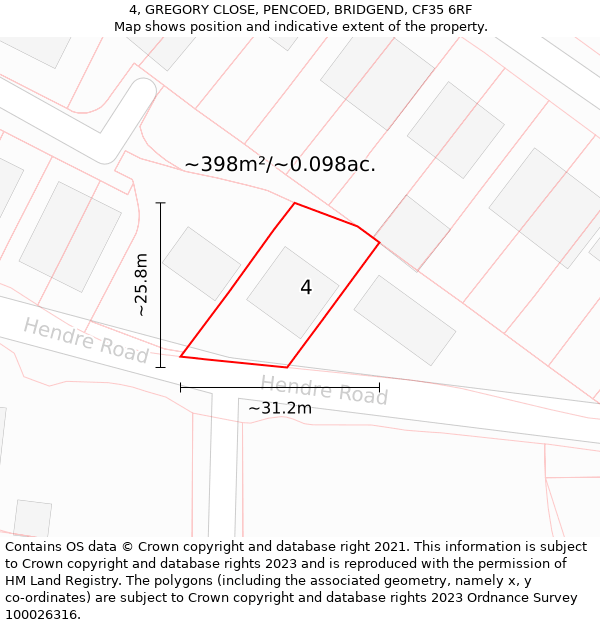 4, GREGORY CLOSE, PENCOED, BRIDGEND, CF35 6RF: Plot and title map