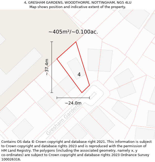 4, GRESHAM GARDENS, WOODTHORPE, NOTTINGHAM, NG5 4LU: Plot and title map