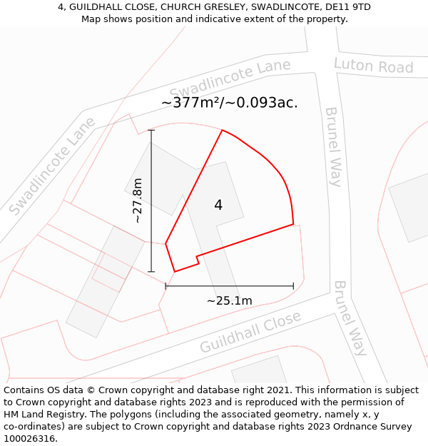 4, GUILDHALL CLOSE, CHURCH GRESLEY, SWADLINCOTE, DE11 9TD: Plot and title map